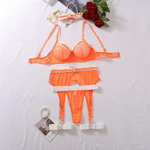 New Custom Private Label Großhandel Bulk Orange Valentinstag Dessous Mesh Sexy Dessous 3-teiliges Set Damen Dessous Set Verkäufer - Product Image 5
