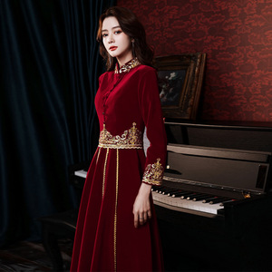 Velvet Chinese Style Wedding Dress Claret Long Sleeve Embroidered Evening Gown For Brides Engagement Party Spring Toasting - Product Image 1