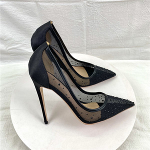 Chaussures de mariée noires à strass 8CM pour femme, escarpins respirants en maille à bout pointu, nouveaux talons aiguilles fins 2024 - Product Image 3