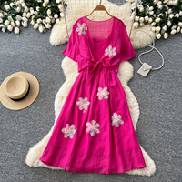 Ensemble de robes mi-longues à manches courtes avec fleurs 3D pour femmes, taille nouée, élégant, deux pièces, pour les vacances d'été