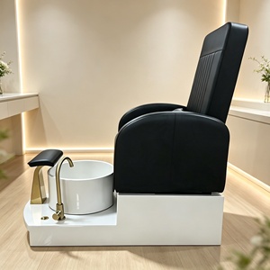 Fauteuil de pédicure moderne de luxe avec tiroirs de rangement, baignoire à pieds en céramique blanche et repose-pieds doré, pédicure inclinable en cuir PU - Product Image 2