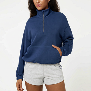 Sweat-shirt pour femme bleu roi à col montant avec logo, fermeture éclair partielle, couleur unie, manches longues, tricoté, respirant, pour l'hiver et l'automne - Product Image 1