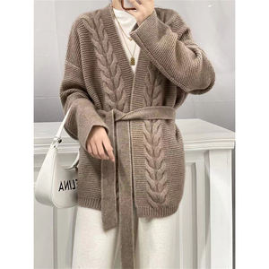 Cárdigan de lana 100 grueso de siete agujas personalizado para <span class=keywords><strong>mujer</strong></span>, chaqueta de suéter de Cachemira de estilo suelto y perezoso sin botones de longitud media - Product Image 4