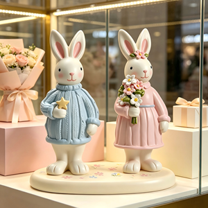Statuetta di Coppia di Conigli BZY, Decorazione Pasquale Artigianale in Resina, Colori Pastello, Regalo per Soggiorno, Produzione OEM Personalizzata - Product Image 3