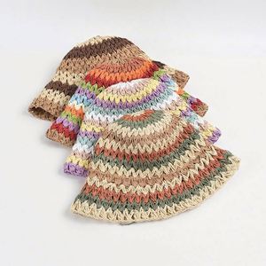 Wholesale Daily Travel Beach Rainbow Striped Hand-hooked Paper <b>Straw</b> Summer Fashion Sunshade Sun Hand Knitted Bucket <b>Hat</b> - Product Image 6