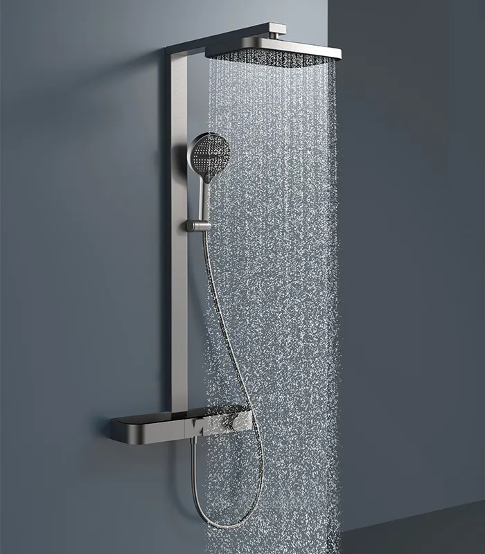 Conjunto de chuveiro LED para banheira de chuva, torneira termostática inteligente digital de latão com piano cinza, chuva quente e fria