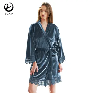 Women Short Lace Robe velvet lace robes for lady bridesmaid fuzzy robe home wear 6031