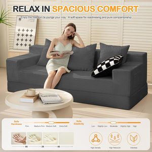 Canapé-lit moderne 3 places en velours côtelé sans armature, avec accoudoirs carrés, convertible pliant, <span class=keywords><strong>futon</strong></span> compressible, 3 oreillers, portable pour salon - Product Image 5