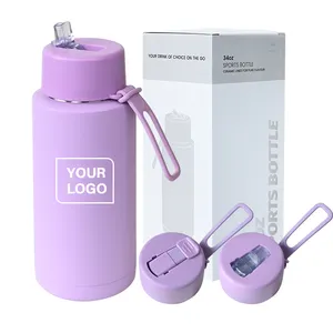 Custom 34oz 1000ml Insulated vacuum flask thermal gym drink ceramic inner double wall stainless steel water bottle with straw