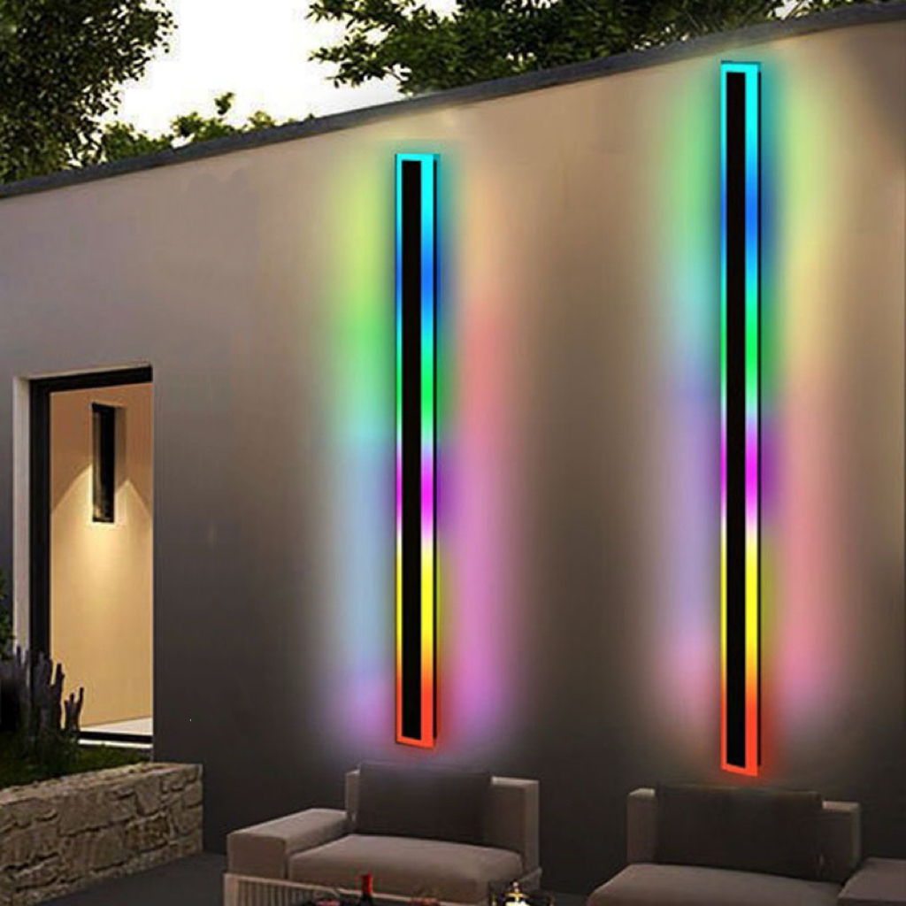 RGB Modern Outdoor Long Wall Strip Light Rectangular Black Elegant Frosted Acrylic IP65 Waterproof Linear LED Wall Sconces