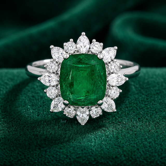 Cushion Cut Green Gemstone Floral Halo Ring with Marquise And Round Diamond Accents for Women in 10K 14K 18K Gold 925 935 Silver