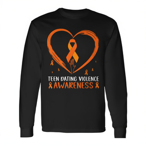 T-shirt à manches longues unisexe à col rond avec impression sérigraphiée « Orange Heart Ribbon » pour la sensibilisation à la violence en milieu des adolescents, idéal pour les événements de marche et de course - Product Image 2