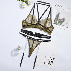 Deep Love encaje pestañas Sexy Tanga Coquette Ling encaje pestañas encaje Serie Metal cadena liguero conjunto de cinco piezas - Product Image 4