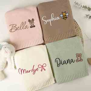 Customized Embroidered Name Stroller <b>Blanket</b> Personalized Keepsake Gift Soft Breathable Cotton <b>Knit</b> Bedding Modern Design - Product Image 6