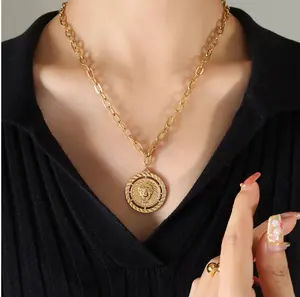 Hot Sales Hip Hop Triple Layered Necklace Moon Lion Round Plaque Pendant Titanium Steel 18K Gold Plated Jewelry