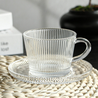 Ensemble tasse et soucoupe en verre rayé gaufré de haute qualité, verre à boire transparent pour lait et latte avec poignée