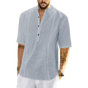 Custom Men's Cotton <b>Linen</b> Henley <b>Shirt</b> Casual Button Down Tropical Beach T-<b>Shirt</b> Summer <b>Short</b> <b>Sleeve</b> ODM Woven Fabric - Product Image 1