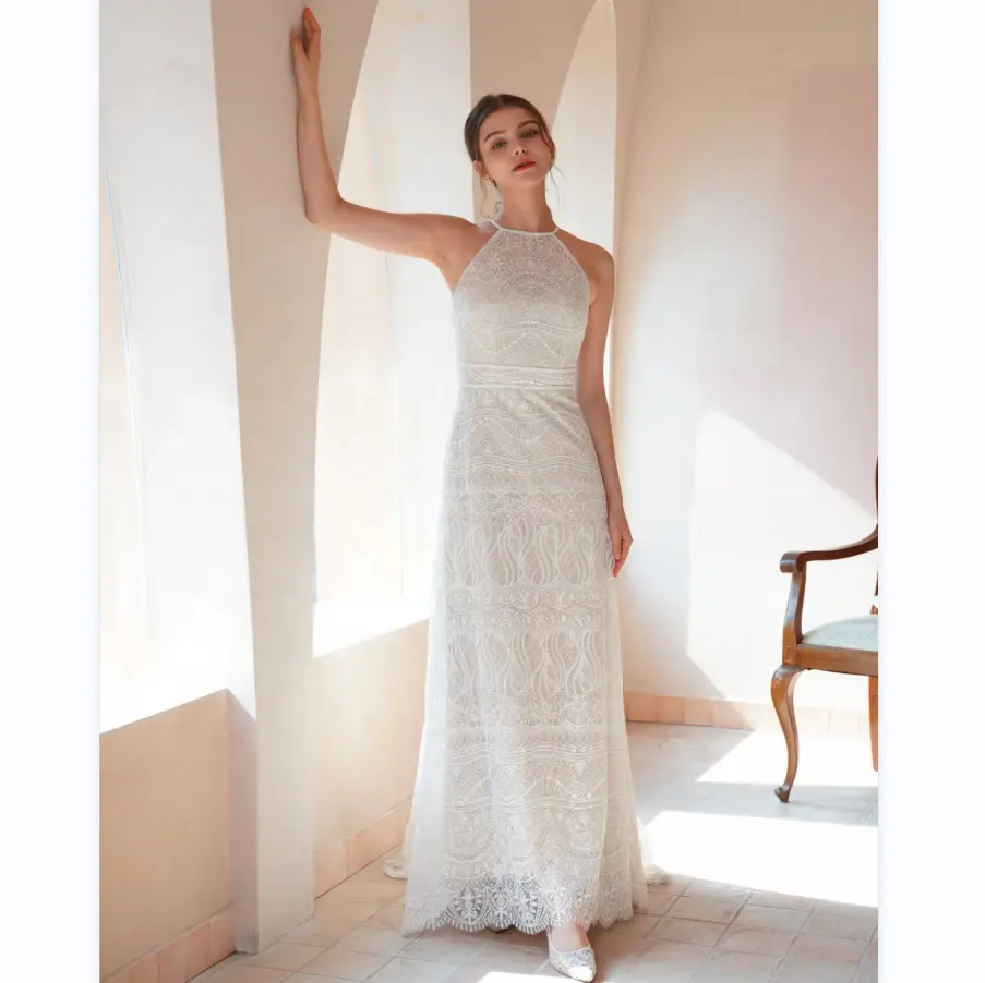 여왕 가운 비치 캐주얼 고삐 레이스 민소매 우아한 웨딩 드레스 신부