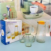 Harga Grosir 5pcs Set Pitcher dan Gelas Air Kaca dengan Motif Garis-garis, Set Gelas Kaca, Dispenser Air Jus, Mug Bir