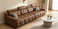 Canapé d'angle modulable en cuir véritable marron camel de qualité supérieure, capitonné, design moderne, multifonctionnel