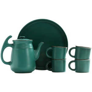 Tetera de Cerámica Verde Oscuro Esmaltada, Juego de 4 Tazas con Tapa, Estilo Retro, Juego de Té Kung Fu para Hogar u Oficina - Product Image 2