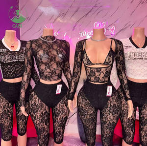 网眼女式春夏服装2件套性感透视裁剪上衣和自行车短裤两件套时尚套装 - Product Image 2