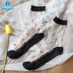 통기성 울트라 얇은 양말 여름 여성 투명 레이스 실크 크리스탈 장미 꽃 소녀 탄성 짧은 양말 - Product Image 4