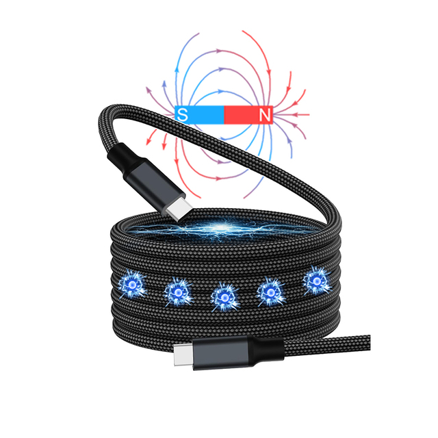 USB C C Fast Charging 60W Pd Magnetic Charging Data Cable Nylon Jacket for Phone Self-Winding Type C Coiled Magnetic Computer