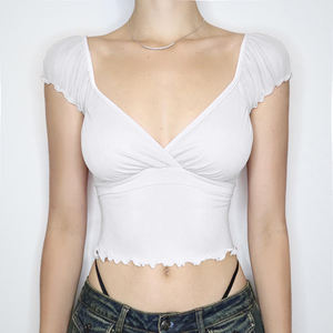 Camiseta Corta de Verano para Mujer con Manga Abullonada y Cuello en V, Ajuste Delgado, Color Sólido, Estilo Americano Sexy - Product Image 4