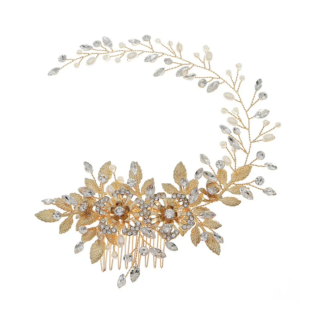 HY huanhuan jewelry hollow flower pearl hair comb retro gold long handcrafted headband Xiuhe dress
