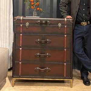 Cassettiera Vintage Retrò <span class=keywords><strong>in</strong></span> Stile Americano e Britannico con Cinque Cassetti Mobili, Finitura <span class=keywords><strong>in</strong></span> Pelle Cerata per Soggiorno - Product Image 1