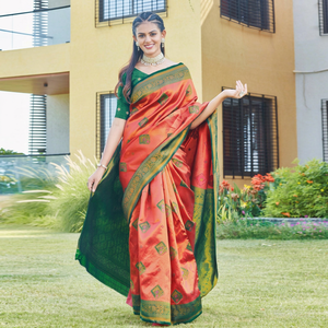 Orange And Green Silk Saree With Zari Border For Wedding And Festival Wear Women Traditional Indian Ethnic Dress - Product Image 1