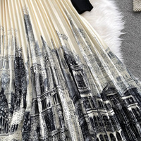 Hepburn Style français début d'automne mode robe peinture à l'encre impression couture tricotée plissée longue robe