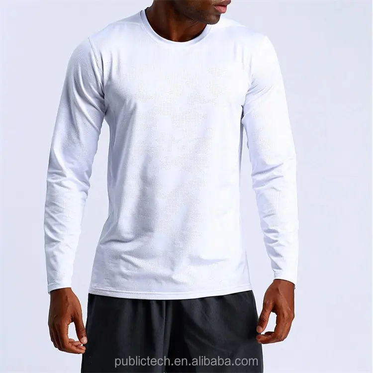 Camiseta de manga larga para hombre, camisa de poliéster liso con logotipo personalizado en blanco
