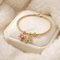 Pulsera de cadena de serpiente con dije de letra A, corazón chapado en oro y circonita rosa, OEM/ODM, venta al por mayor, personalizada