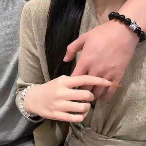 Natural obsidian concentric beaded <b>couple</b> <b>bracelet</b>, fashionable and minimalist design, white cat's eye <b>bracelet</b> jewelry. - Product Image 4