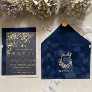 งานแต่งงานอะคริลิคฟอยล์สีทองลายดอกกุหลาบอ่อนโยนสำหรับเจ้าสาวสุดหรูพร้อมซองกำมะหยี่สีกรมท่า - Product Image 1