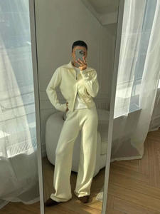 Geniş bacak katı balıkçı yaka tam uzunlukta 2 parça Set kadın gündelik spor giyim bluz tarzı çift Zip kısa takım elbise - Product Image 5