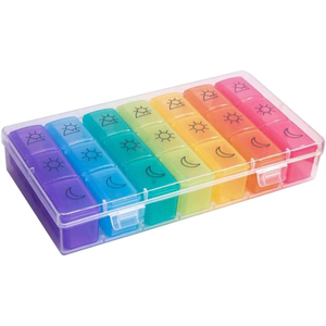 Organisateur de pilules hebdomadaire en plastique, 7 jours, 21 compartiments, couleurs arc-en-ciel - Product Image 1
