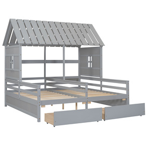 Grey Wooden House-Shaped Double Children's Bed With <b>Storage</b> <b>Drawers</b> Bedroom Furniture For Kids - Product Image 5