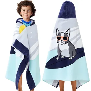 Cheap Wholesale Custom Kids Swim Shark Cartoon Printing Microfiber Hooded Poncho Recycled Polyester Beach Towel For Kids