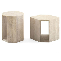 Mesa Auxiliar de Piedra Natural para Decoración de Sala de Estar, Cubo de Mármol Beige, Columna Cuadrada, Base de Travertino