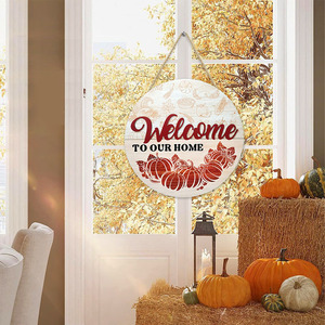 Wooden Welcome Sign Round Doorplate Thanksgiving Home <b>Decor</b> Hanging Item <b>White</b> Circular <b>Pumpkin</b> Theme - Product Image 3