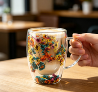 Mug en verre borosilicate à double paroi fait main, motif floral, résistant à la chaleur, isolé, compatible lave-vaisselle, pour café, thé, jus, cadeau