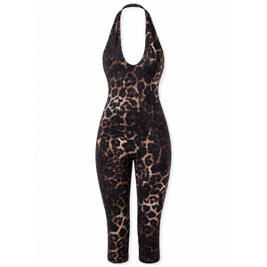 Anjie Custom Logo OEM ODM Private Label Bespoke OEKO TEX GRS Leopard Halter Backless Bodycon Capri <strong>Jumpsuit</strong> Women Manufacturer - Product Image 1