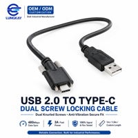 Kabel USB Tipe C Industri OEM dengan Sekrup Pengunci untuk Pemasangan, Kabel Pengisian Daya dan Data USB2.0 a ke Tipe-C untuk Perangkat Kamera Diagnostik
