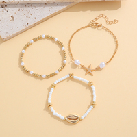 Ensemble de 3 bracelets chaîne et maillons en alliage de zinc, style coquillage, imitation perle, étoile de mer, vie marine, pour femme, bijoux d'été