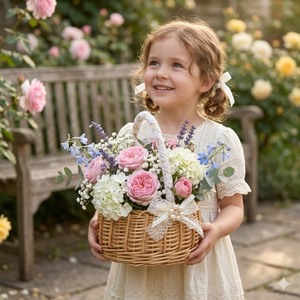 Wicker Flower <b>Basket</b> Round Handmade Standing Type Gift For Wedding Or Garden Decor - Product Image 2