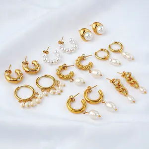 Nouvelle boucle d'oreille à la mode personnalisée femmes 14K 18K plaqué or en acier inoxydable boucles d'oreilles bijoux de mode perle boucles d'oreilles