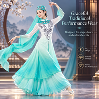 Costume de danse folklorique ethnique moderne professionnel, robe de scène bleu-vert dégradé avec broderie et ensemble de manches transparentes